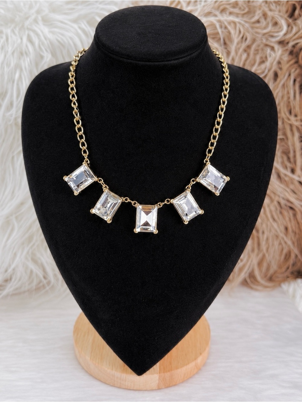 Vintage aged Goldtone Clear Glass J. Crew Chain Statement Necklace